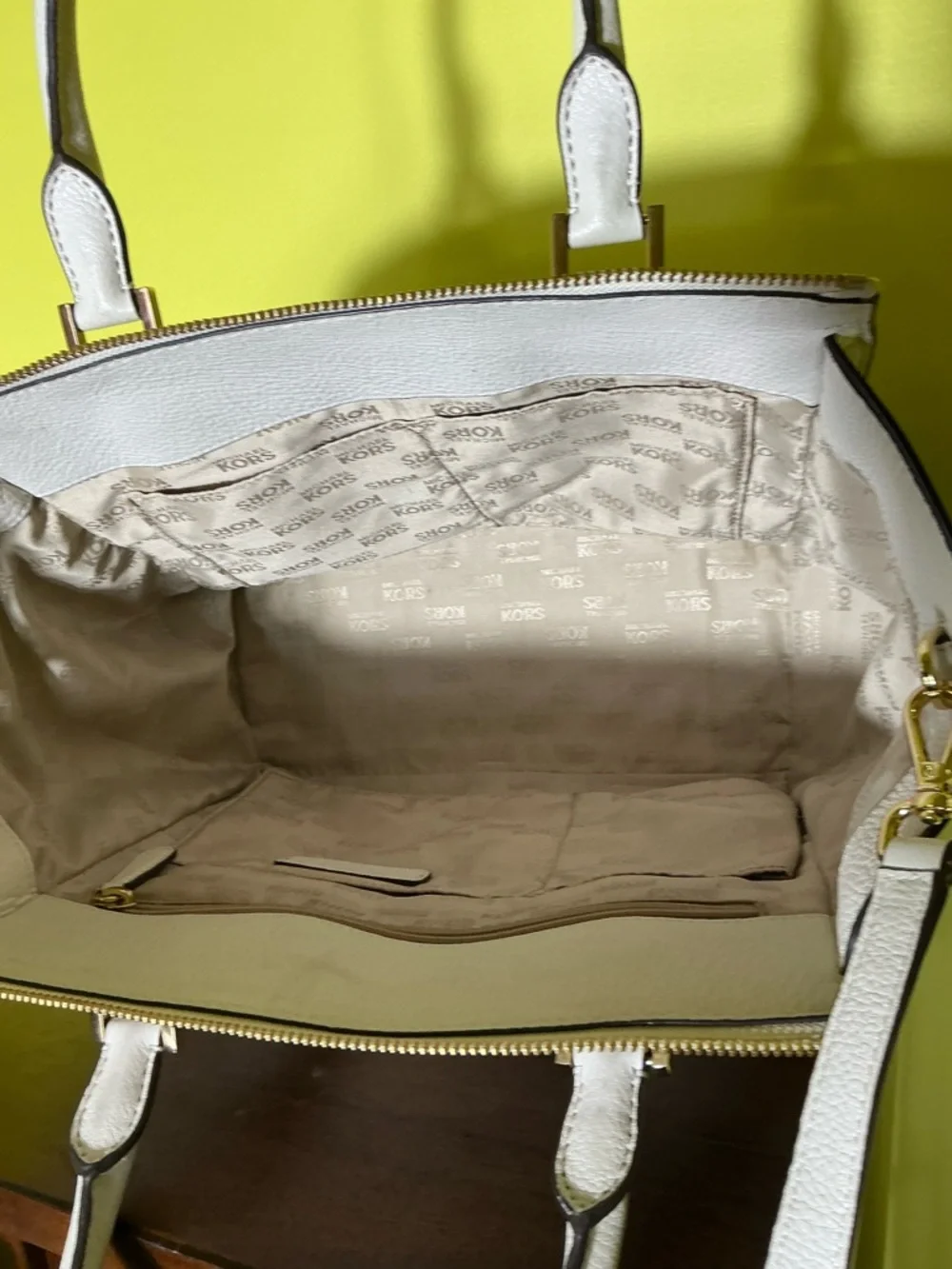 Michael Kors White Leather Satchel with Gold MK Medallion